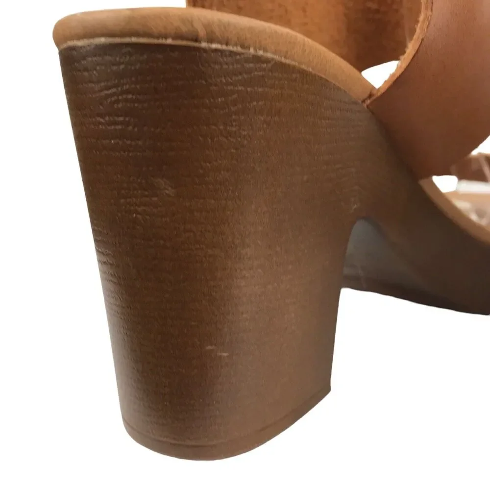 Madden Girl Platform Sandals Block Heel Brown Faux Leather Wood Look Retro Sz 10